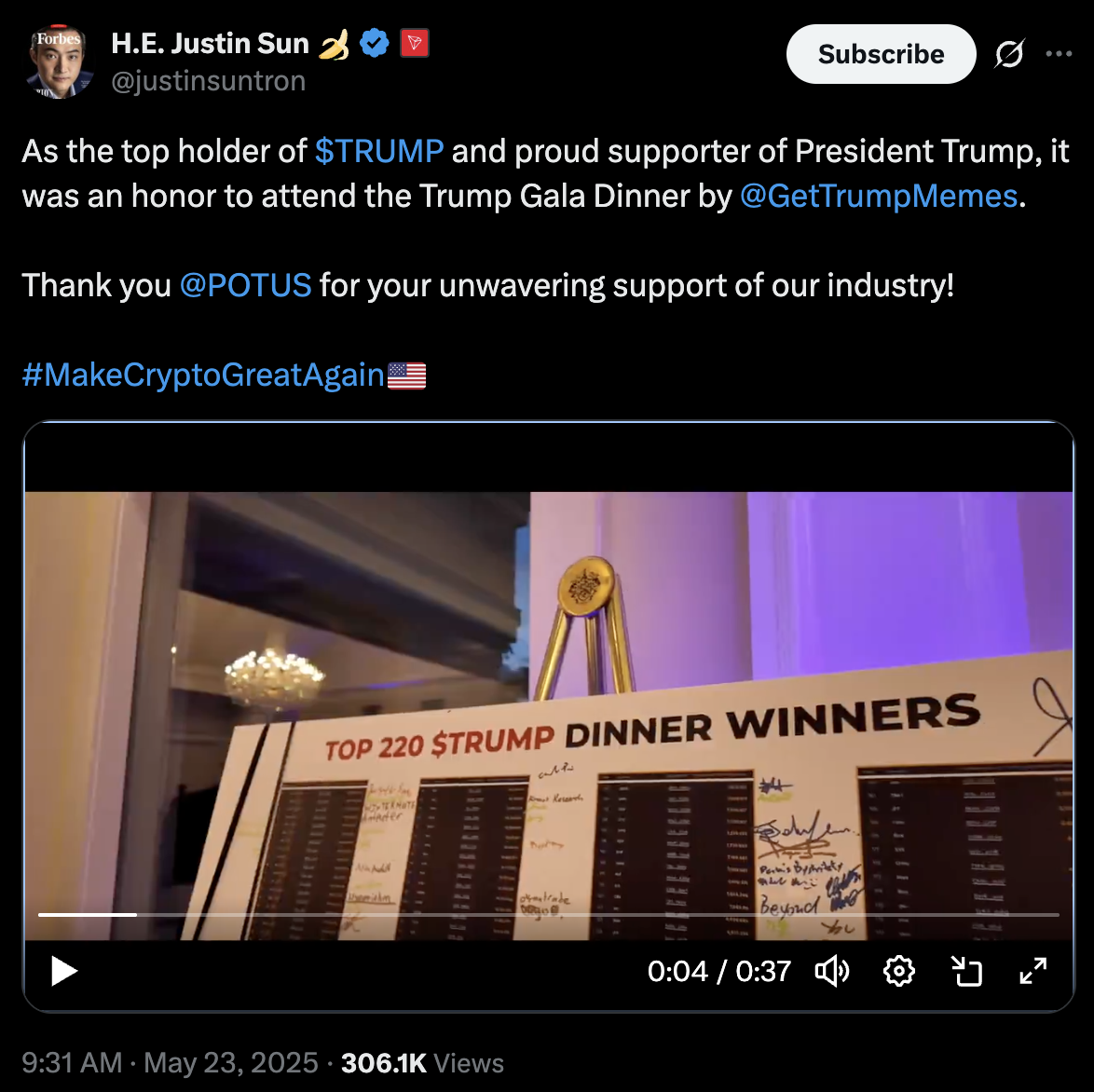 Justin Sun's tweet